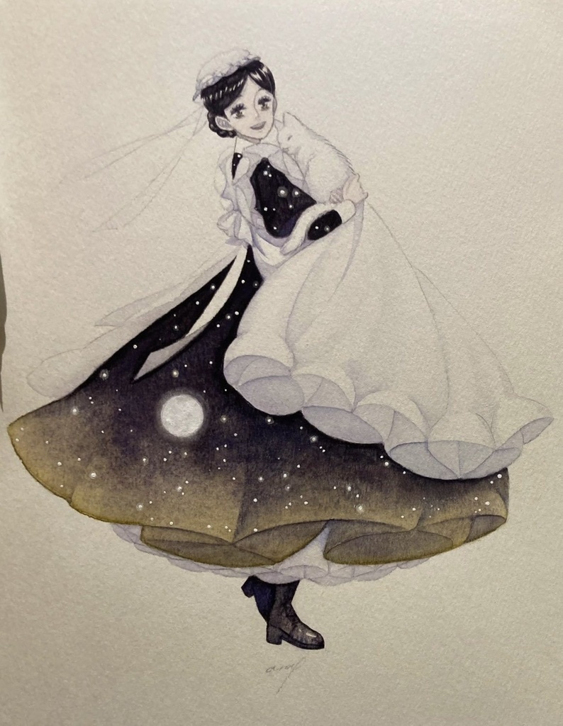 【創作】猫と夜とメイド(水彩原画はね・みみ・しっぽ展)加筆