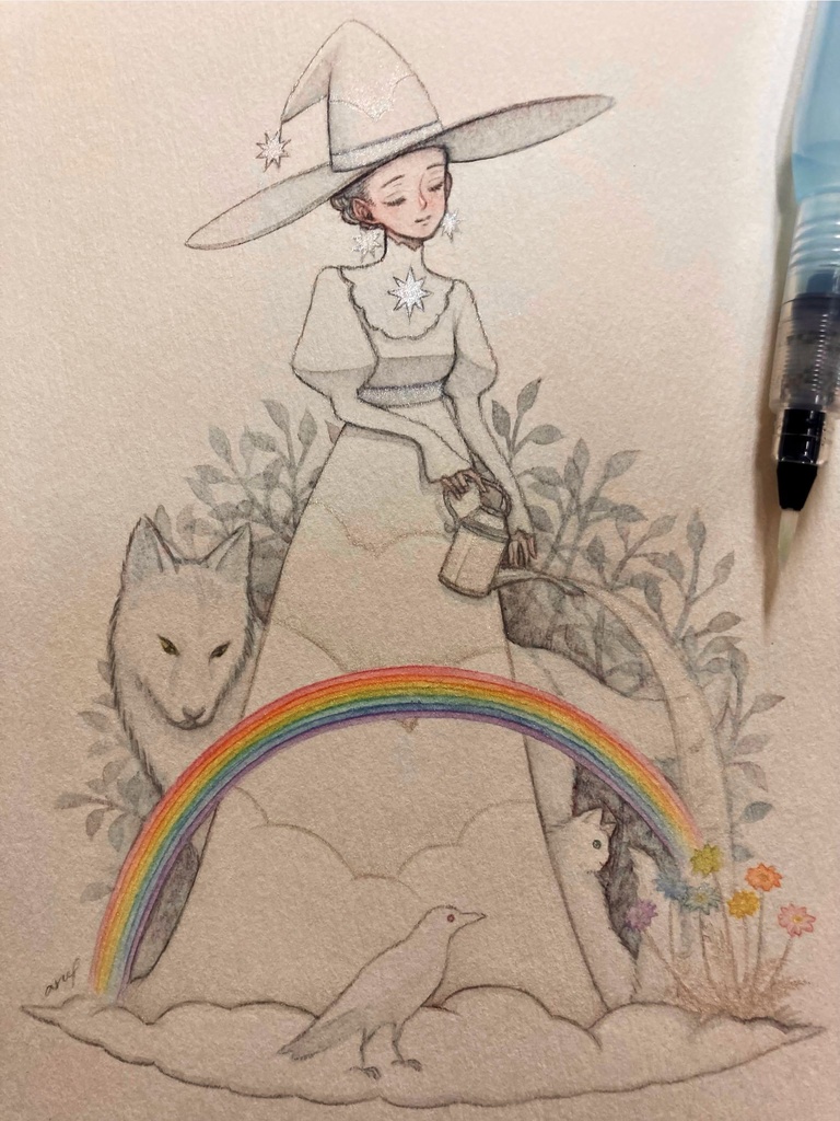 【創作】白い魔女と虹の魔法(新作額装水彩原画 しろと虹展)