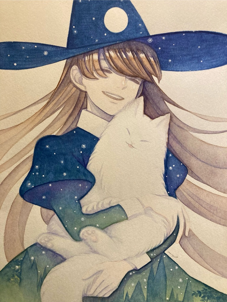 【創作】猫と夜と魔女 (新作額装水彩原画)