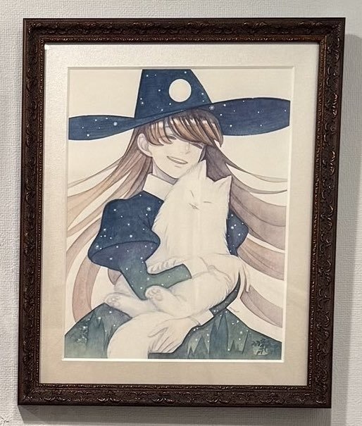 【創作】猫と夜と魔女 (新作額装水彩原画) 