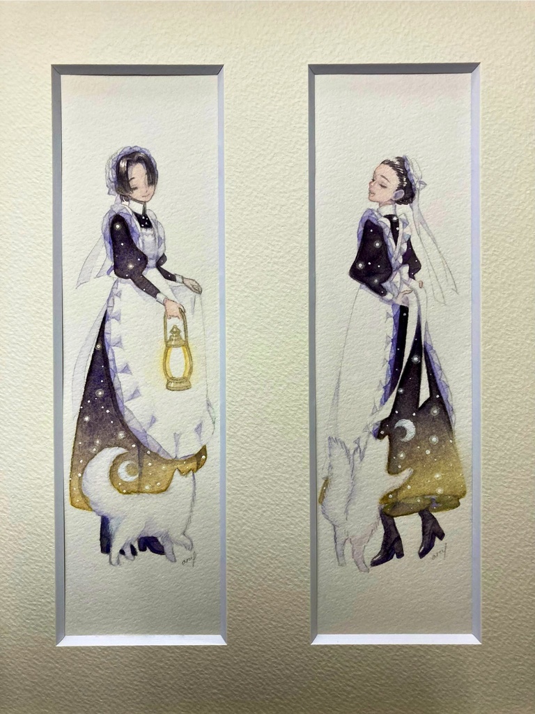 【創作】maids (新作額装水彩原画)