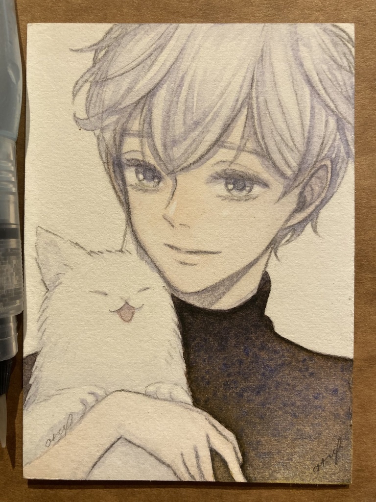 【創作】ﾈｺﾁｬﾝと少年(ATC水彩原画) 