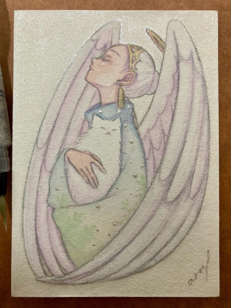 【創作】おやすみ(新作ATC水彩原画) 天使・悪魔展2025