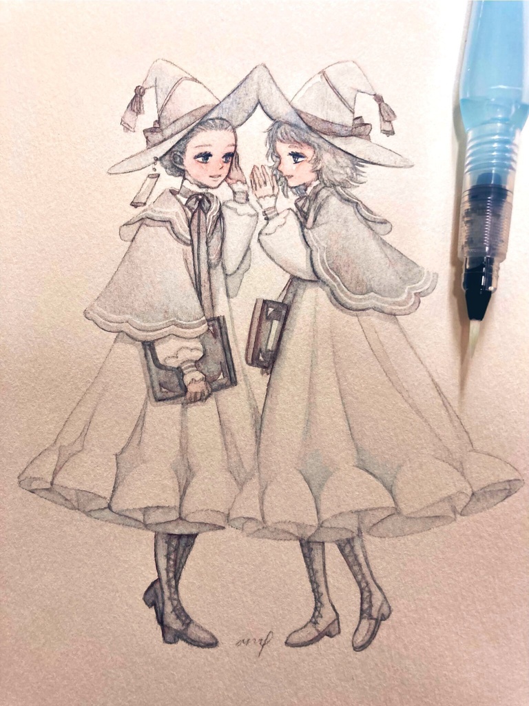  【創作】白魔女コラボ学生時代（水彩原画） 
