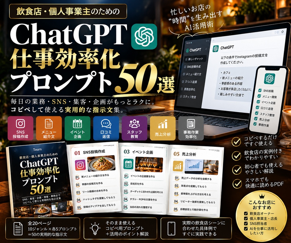 ChatGPT仕事効率化プロンプト50選｜個人事業主・フリーランス向けAI活用テンプレート集