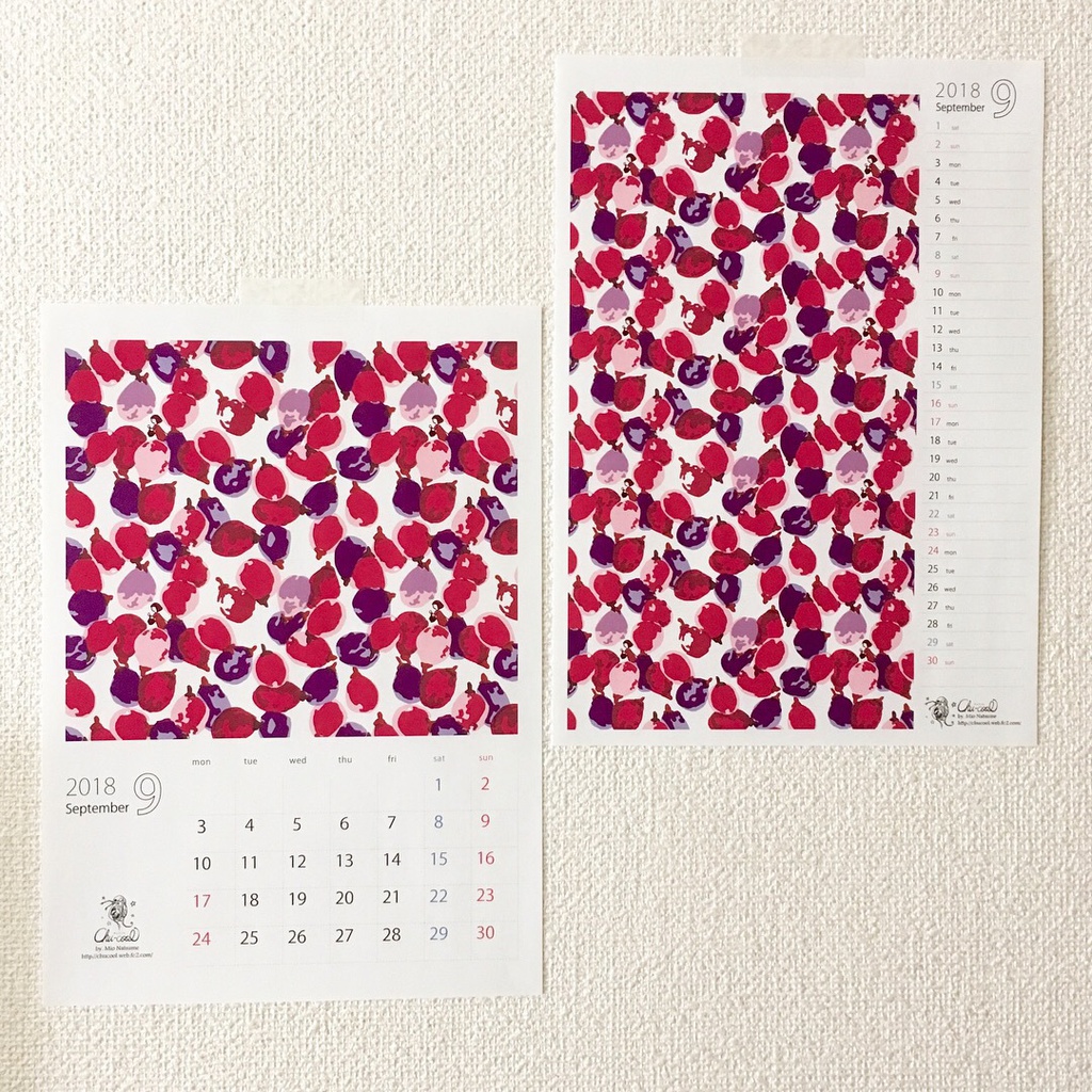 2018年9月分 Chu-coolカレンダー3種セット(おまけのパターンペーパー付き)