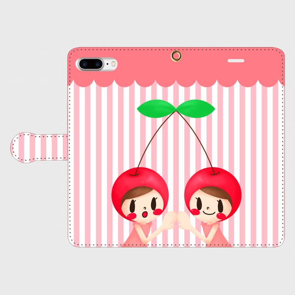 ふたごのさくらんぼ 手帳型スマホケース iPhone8Plus/7Plus//6sPlus/6Plus/Android L
