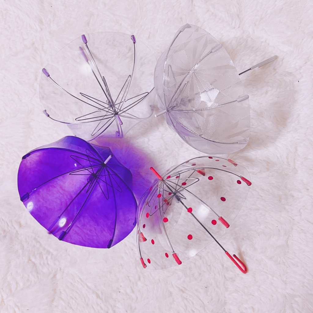 Mサイズ(クリア持ち手紫色、紫、ピンクドット、昭和レトロなすりガラス風)