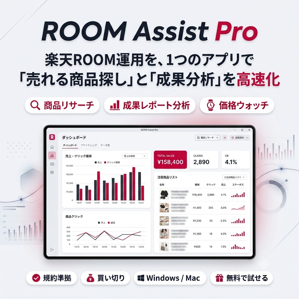 ROOM Assist Pro — 楽天ROOM運用サポートツール【無料ダウンロード】(Windows/Mac)