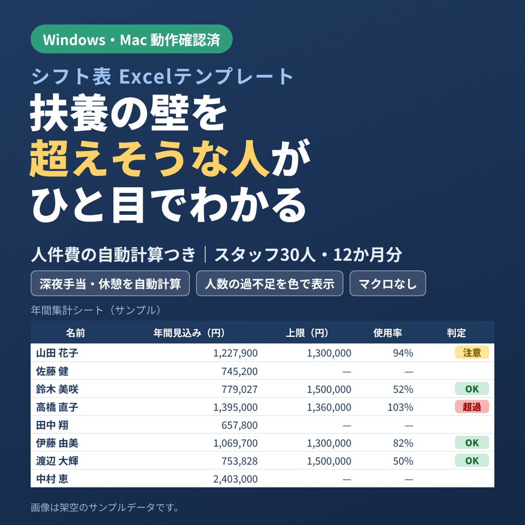 【05-P｜製品版】【Excel】シフト表テンプレート｜人件費の自動計算・年収の壁チェックつき（スタッフ30人・12か月分）
