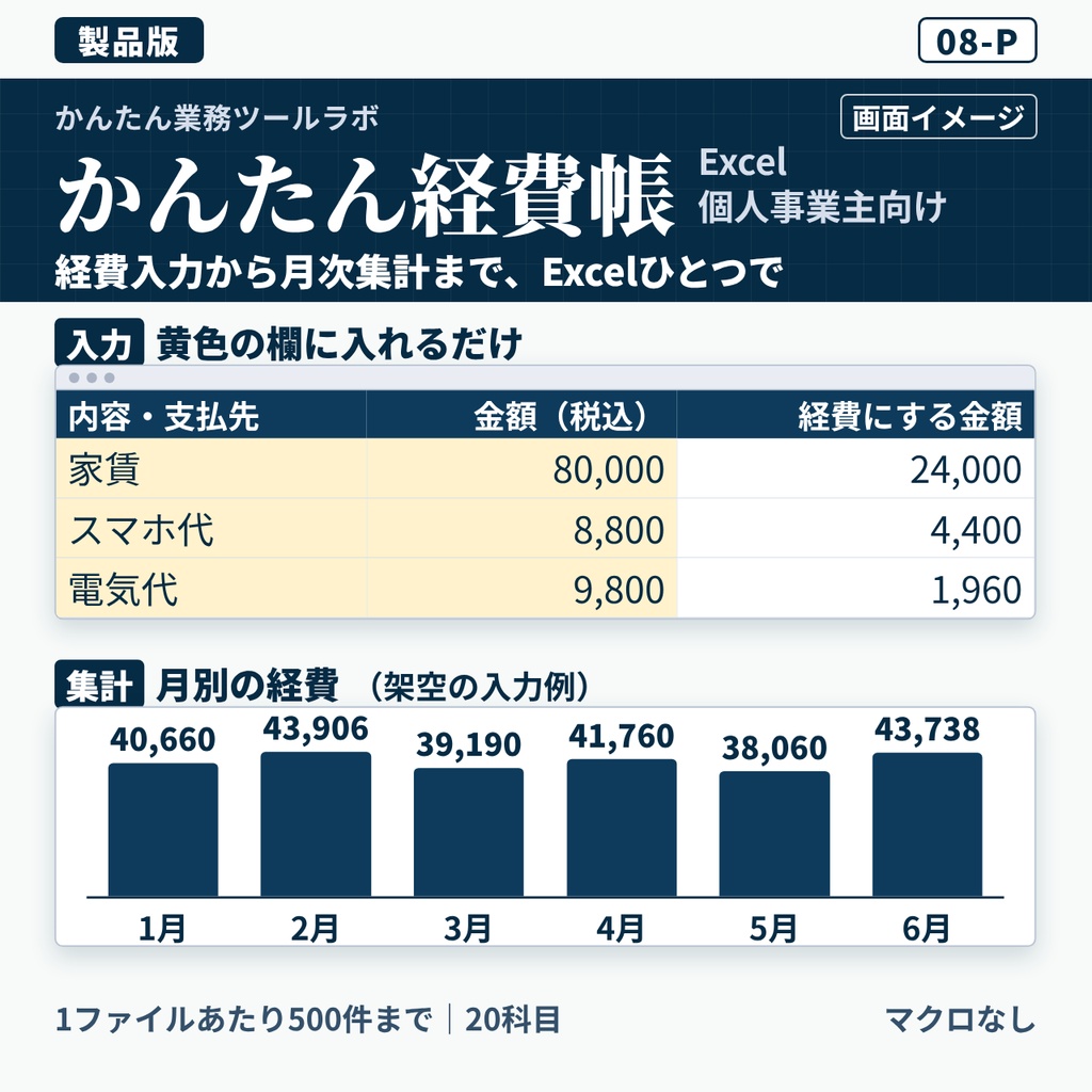 【08-P|製品版】かんたん経費帳Excel|個人事業主向け・500件・20科目