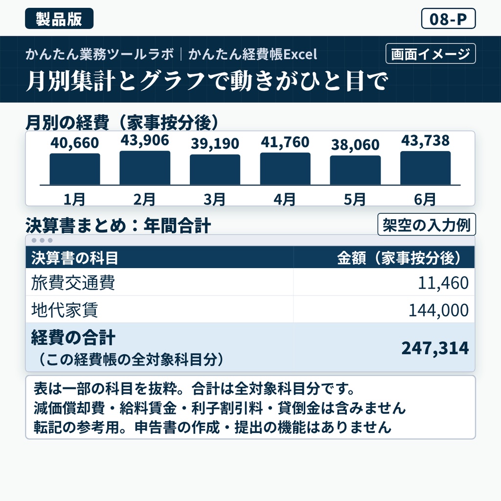 【08-P|製品版】かんたん経費帳Excel|個人事業主向け・500件・20科目