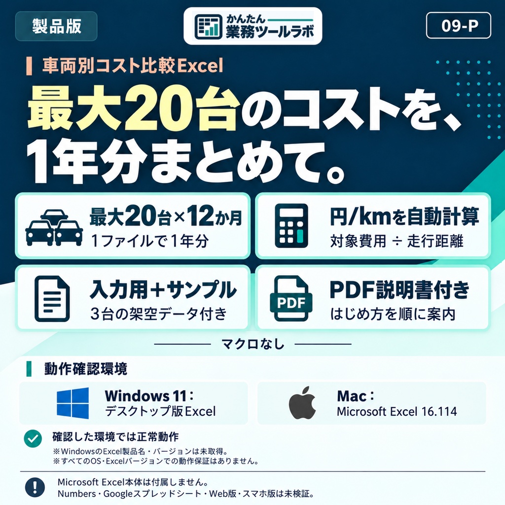 【09-P|製品版】小規模配送の車両別コスト比較Excel|最大20台・各12か月