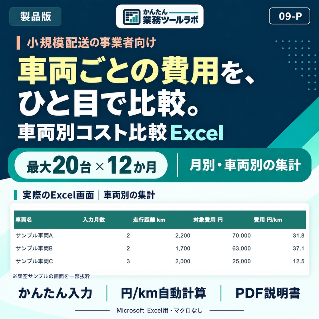 【09-P|製品版】小規模配送の車両別コスト比較Excel|最大20台・各12か月