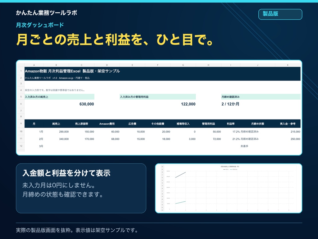 【10-P|製品版】Amazon物販 月次利益管理Excel|12か月・外部経費500件