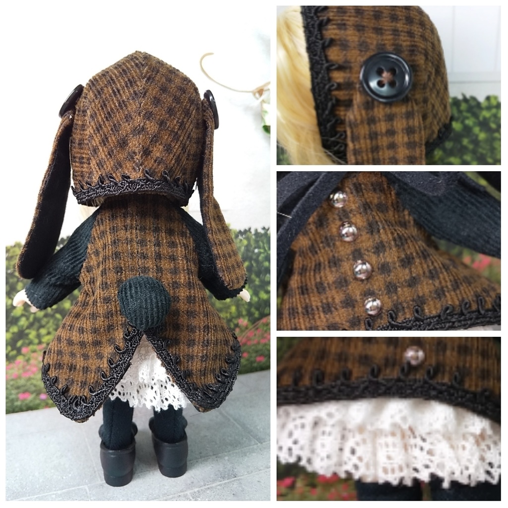 【オビツ11】ウサ耳コーデュロイワンピ【黒ボタン】