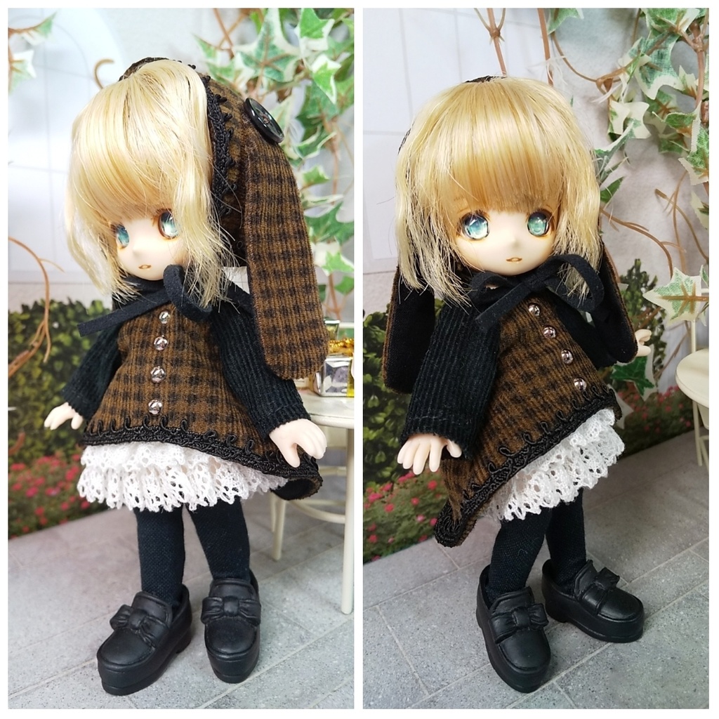 【オビツ11】ウサ耳コーデュロイワンピ【黒ボタン】