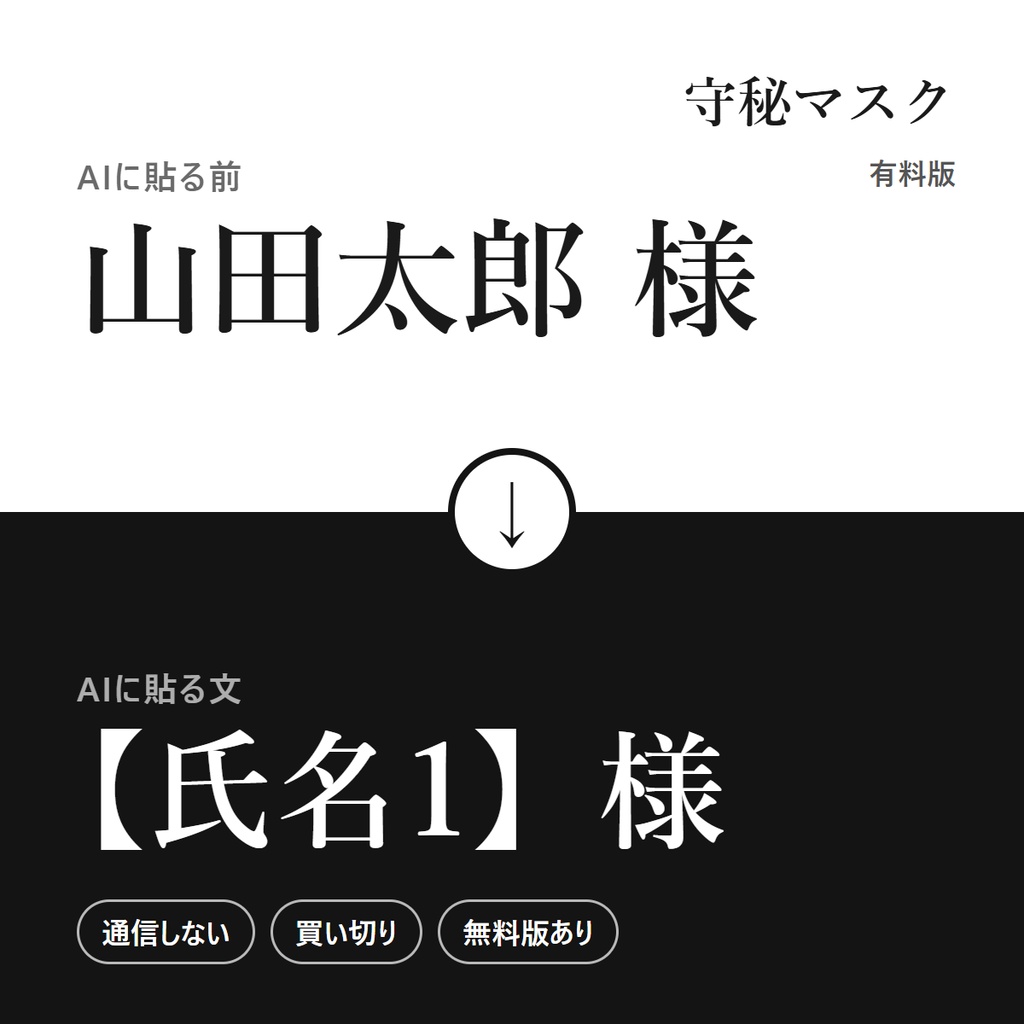 守秘マスク 有料版|AIに貼る前に、名前と番号を記号に。案件ごとの辞書・Word/Excel/PDF読み込み(通信なし・買い切り)