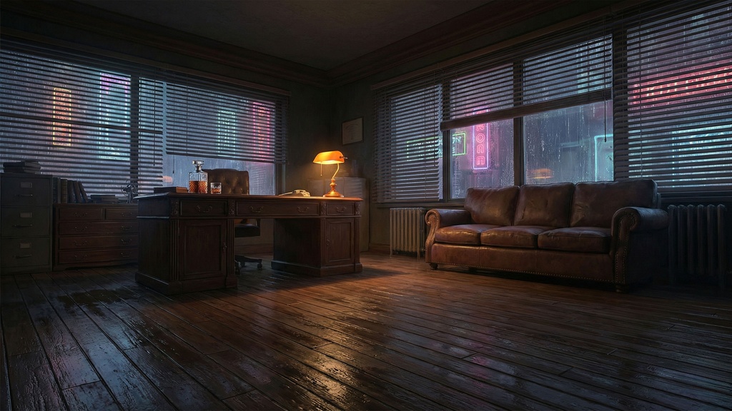 【無料/フリー素材】TRPG背景「夜のフィクサー事務所」【ココフォリア推奨/16:9】