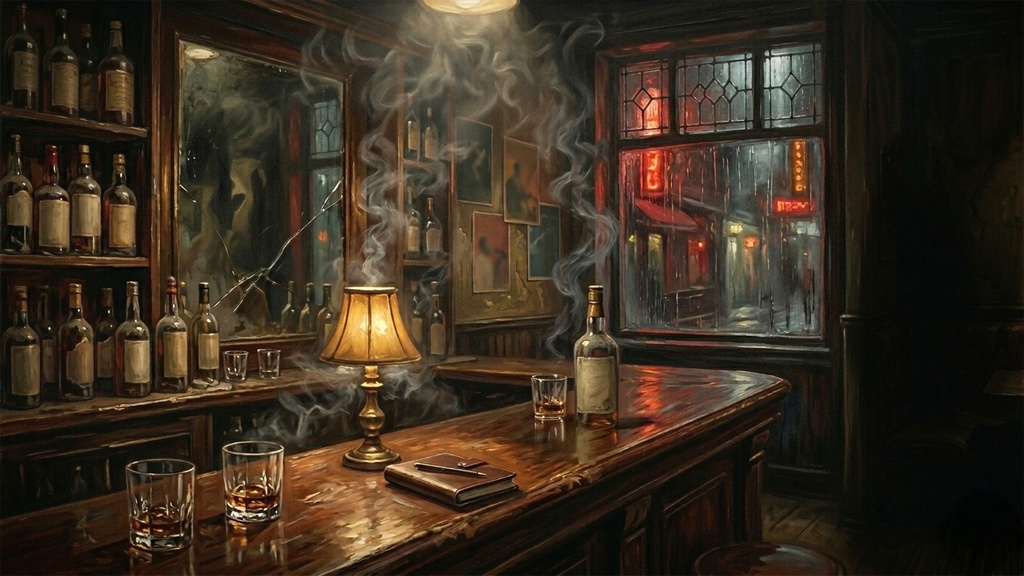 【無料/フリー素材】TRPG背景「雨降るノワール・バー（油絵風 / 隠れ家）」【ココフォリア推奨/16:9】