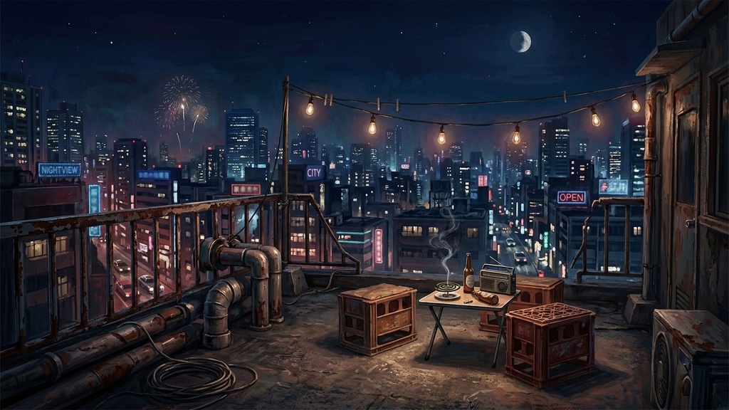 【無料/フリー素材】TRPG背景「真夜中のコンクリート屋上（油絵風 / 密談）」【ココフォリア推奨/16:9】