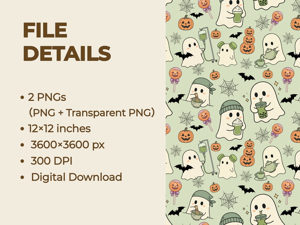 抹茶ゴーストのハロウィン シームレス背景素材|背景あり+透過PNG 2種