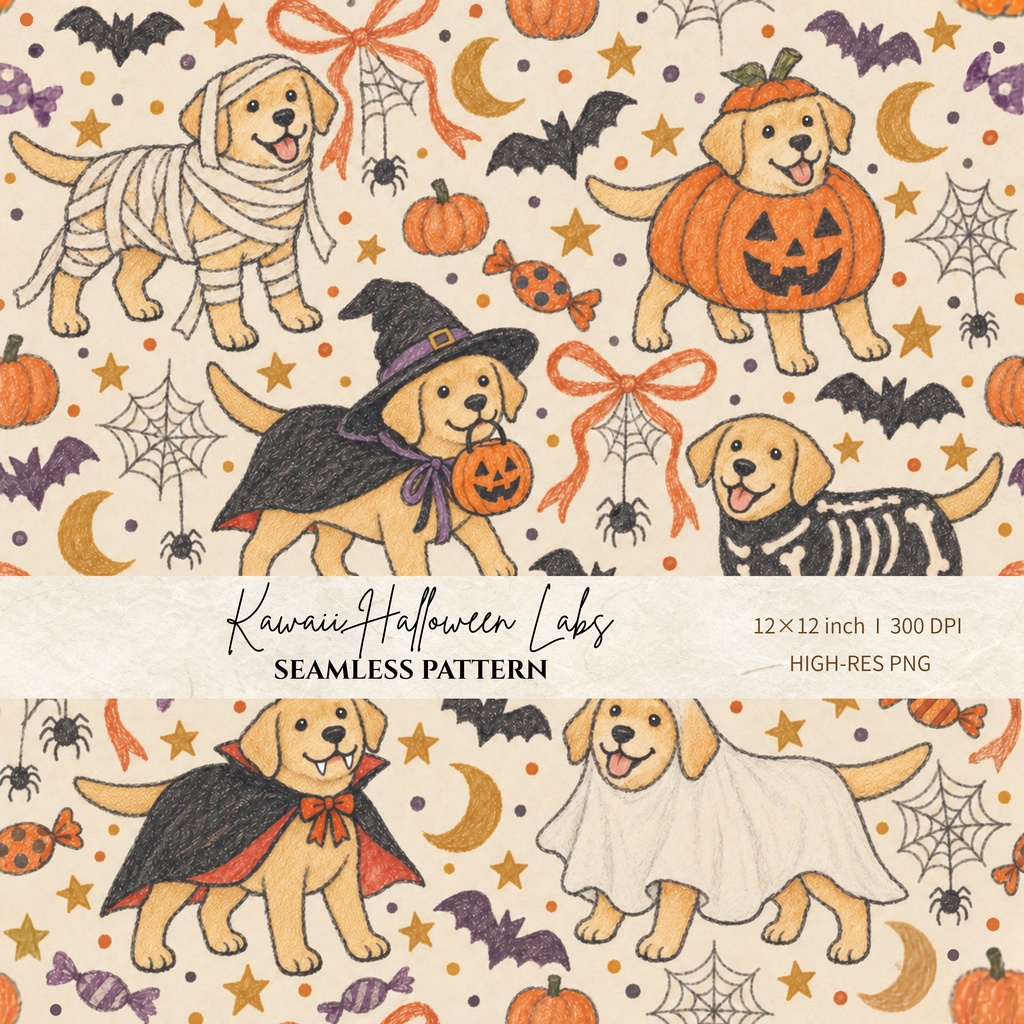 ラブラドールのハロウィン シームレスパターン｜仮装犬 背景素材 PNG