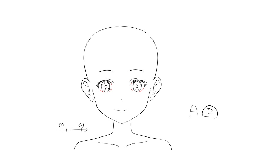 アニメーション練習用・振り向き素体原画（正面～横顔・中割）
