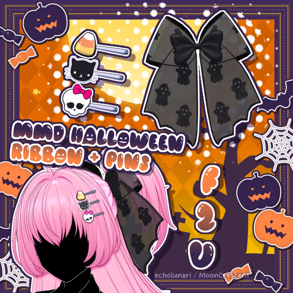 【3D MMD/PMX | 無料】ハロウィンリボン＆ヘアピン / Halloween ribbon & hair pins (Free)