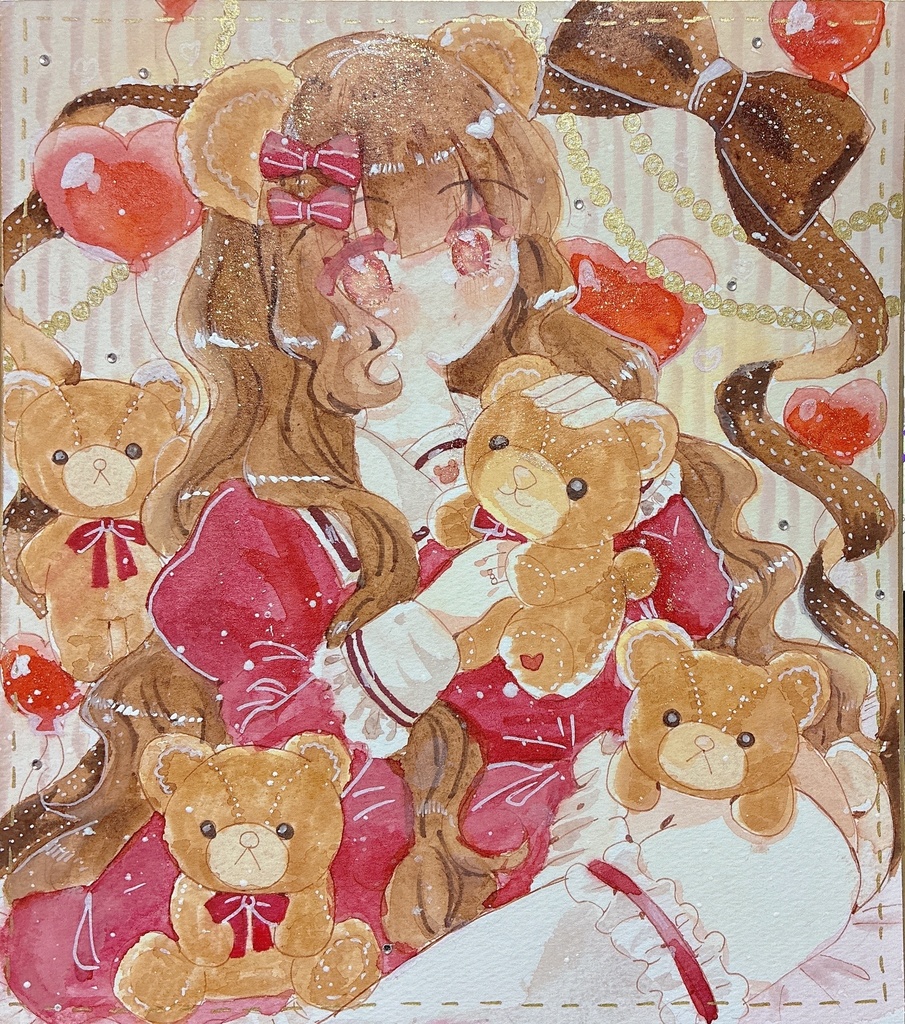 くまと女の子 色紙