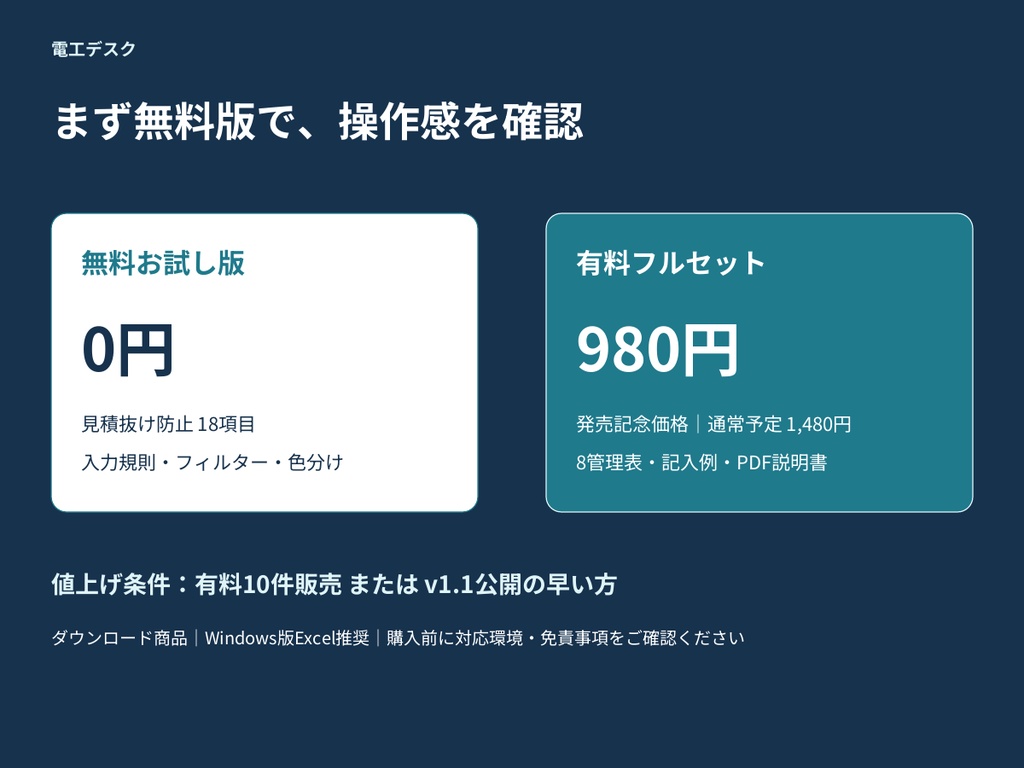 【電気工事・積算】段取り・抜け防止 実務管理テンプレート8点セット|Excel・記入例・説明書