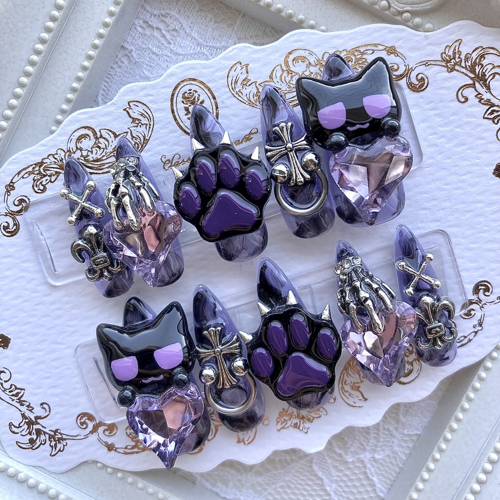 ネイルチップ 量産型 地雷 サブカル 天使界隈 紫 黒 猫 肉球 ハート 十字架