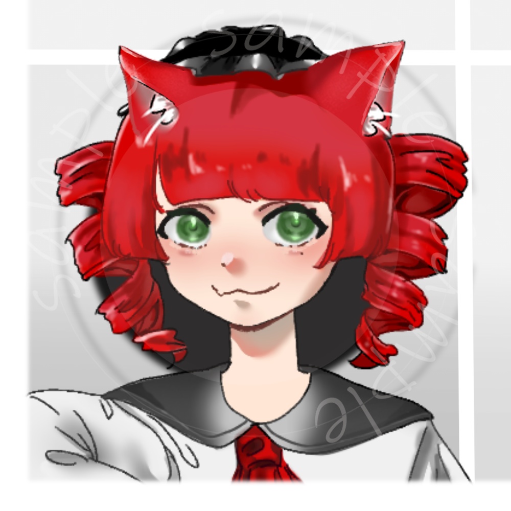 立ち絵素材/全身/縦ロール/女の子/猫耳/ワンピース/赤髪/差分3種_01