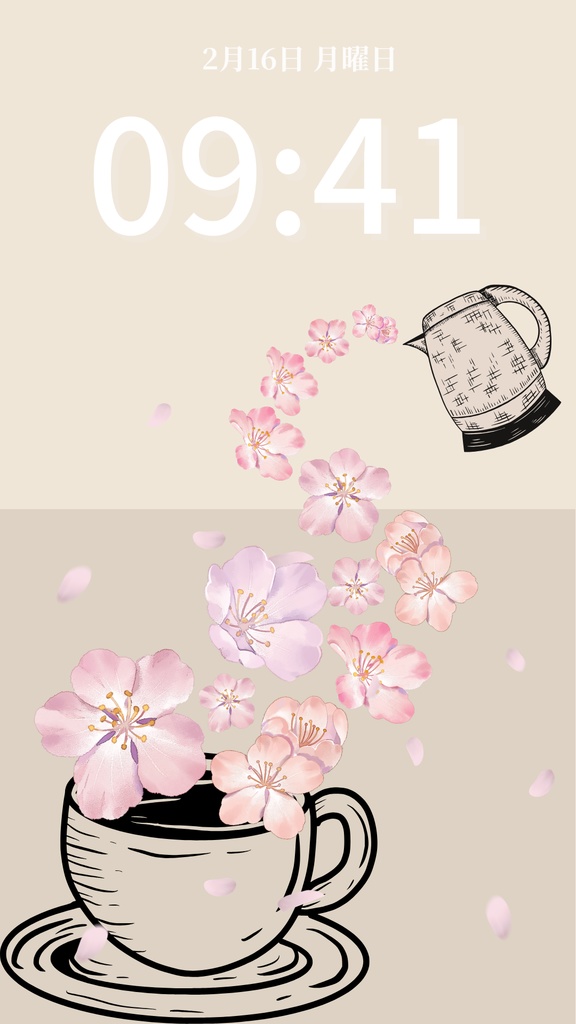 桜ティータイム|ベージュ|春のスマートフォン壁紙(Season Series)