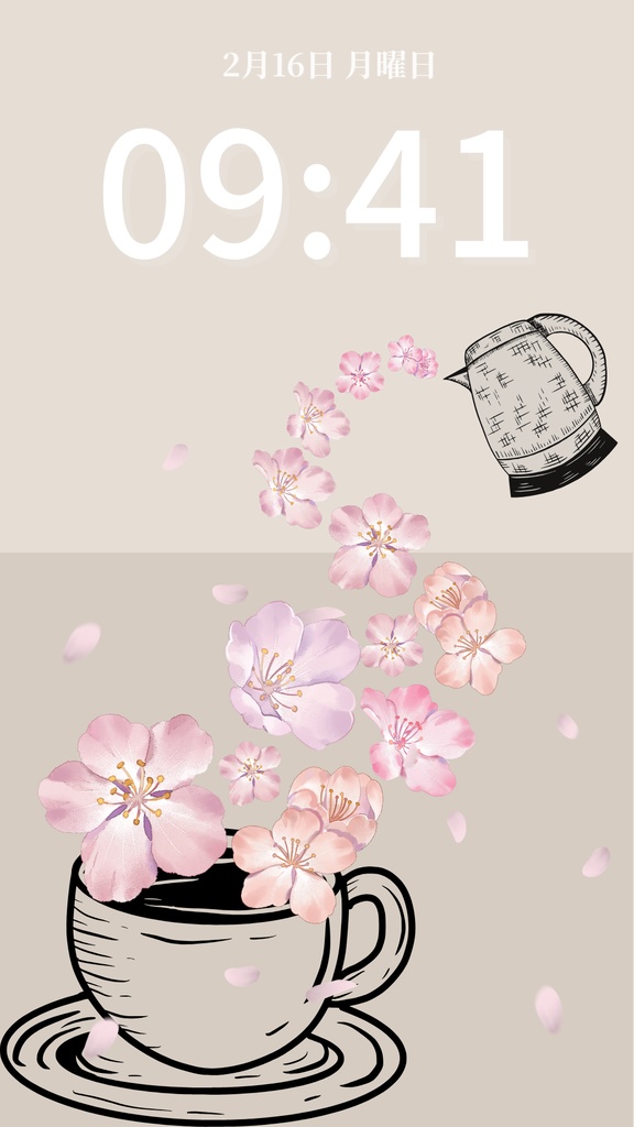 桜ティータイム|グレージュ|春のスマートフォン壁紙(Season Series)