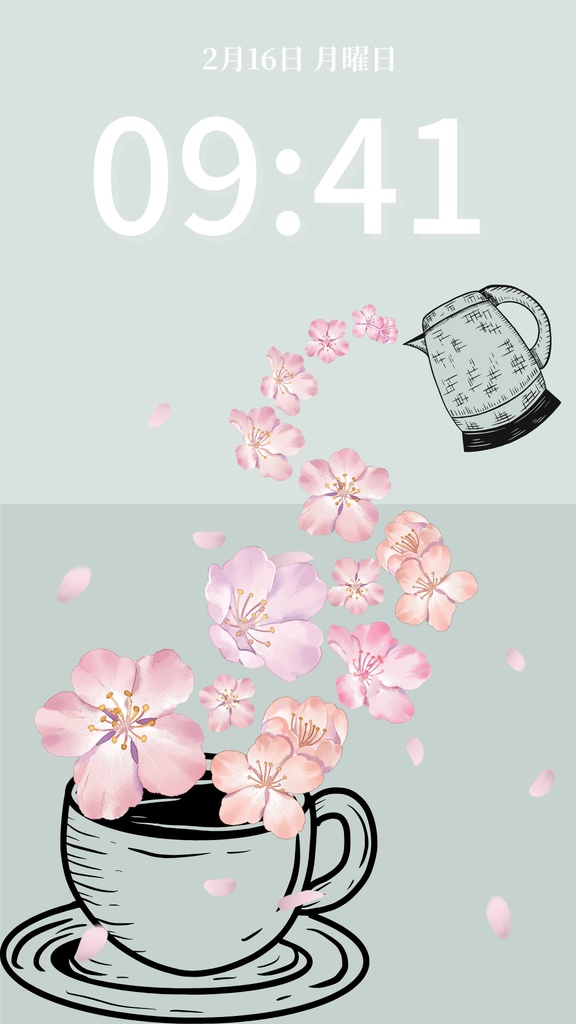 桜ティータイム|セージグリーン|春のスマートフォン壁紙(Season Series)