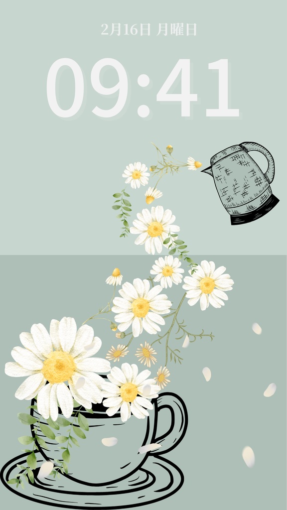 カモミールティータイム|セージグリーン|春のスマートフォン壁紙(Season Series)