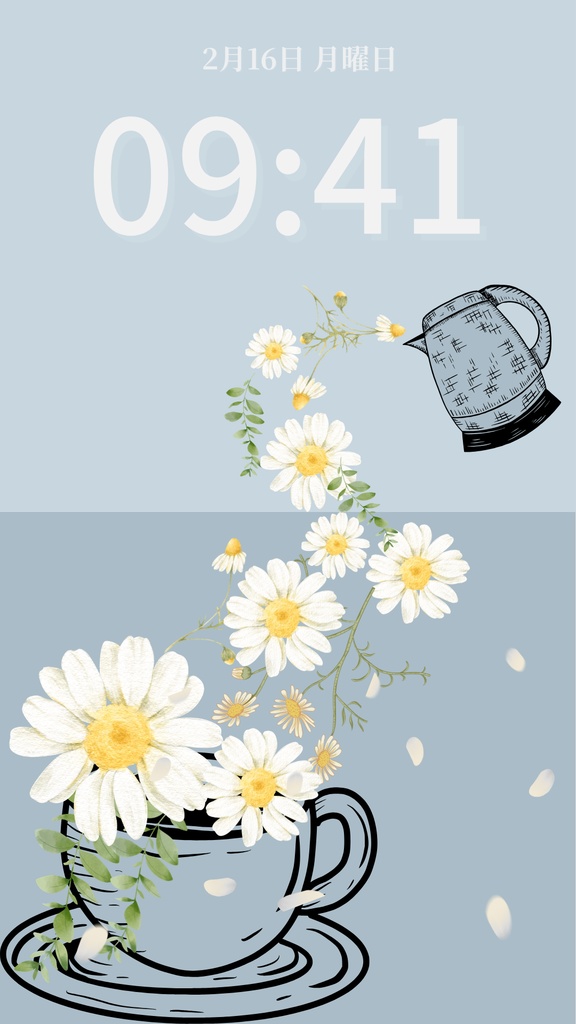 カモミールティータイム|くすみブルー|春のスマートフォン壁紙(Season Series)