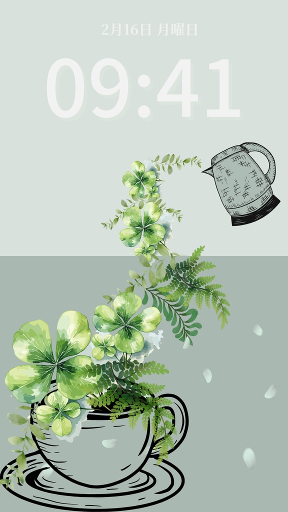 クローバーティータイム|セージグリーン|春のスマートフォン壁紙(Season Series)