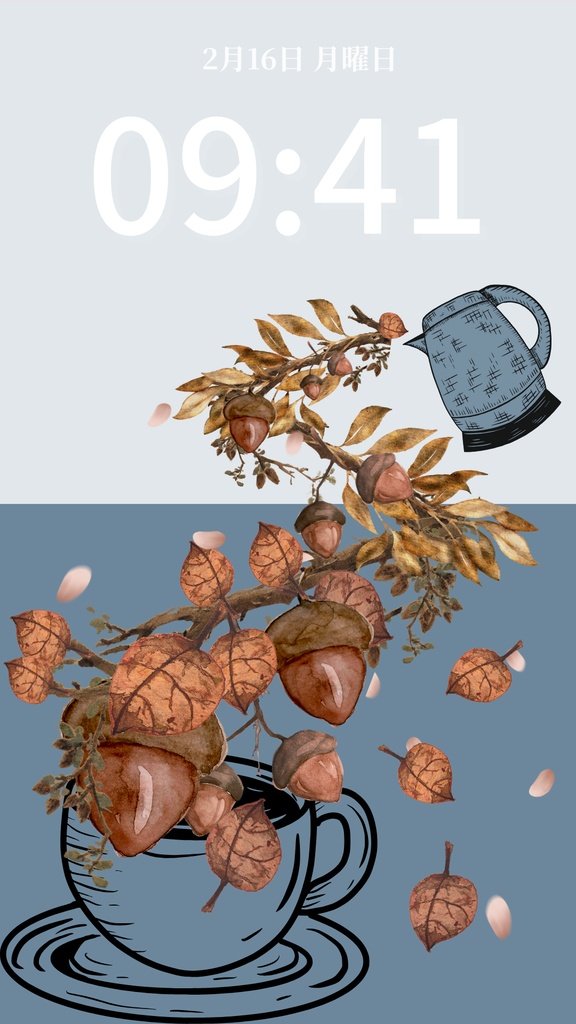 秋ティータイム|くすみブルー|秋のスマートフォン壁紙(Season Series)