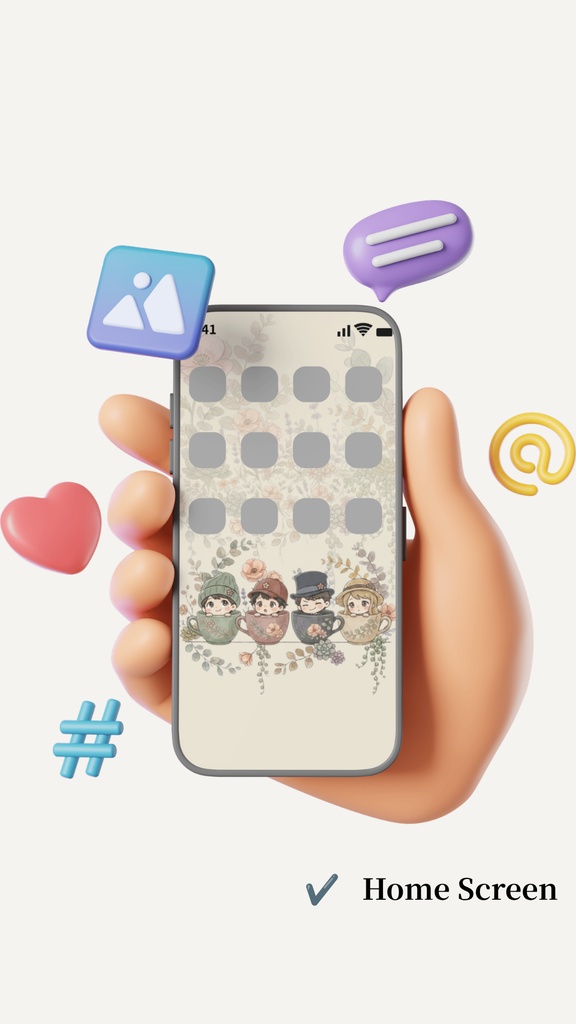 【スマホ壁紙】ティータイムのちび仲間〈ボタニカル〉