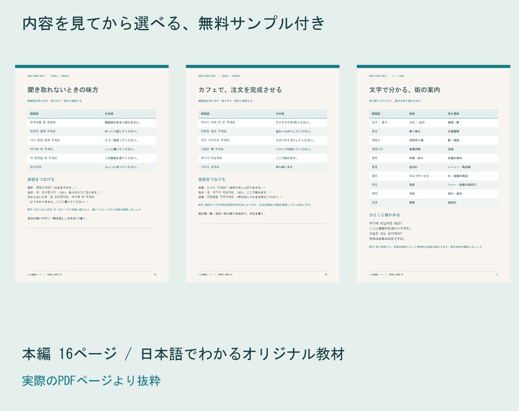 【日本語解説】旅先で使う韓国語|旅行会話・指差しメモ・練習問題|A4 PDF16P