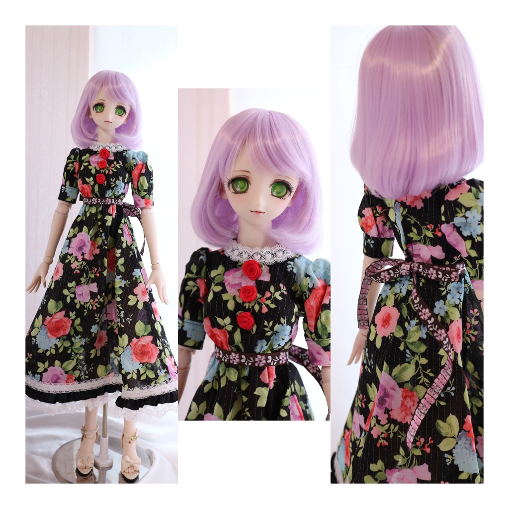 【DDサイズ】大花柄あざやかマキシ丈ワンピース（花柄リボン付き）