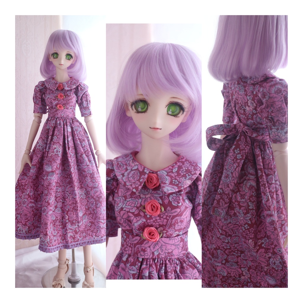 【DDサイズ】パープルピンクの花柄マキシ丈ワンピース（リボン付き）