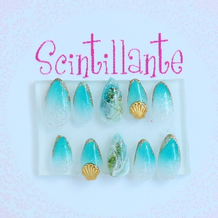 【Mサイズ】マーメイドブルーのニュアンスネイルチップ
