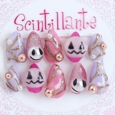 【Lサイズ】パステルピンク＆パープルの小粒パール付きハロウィンネイルチップ