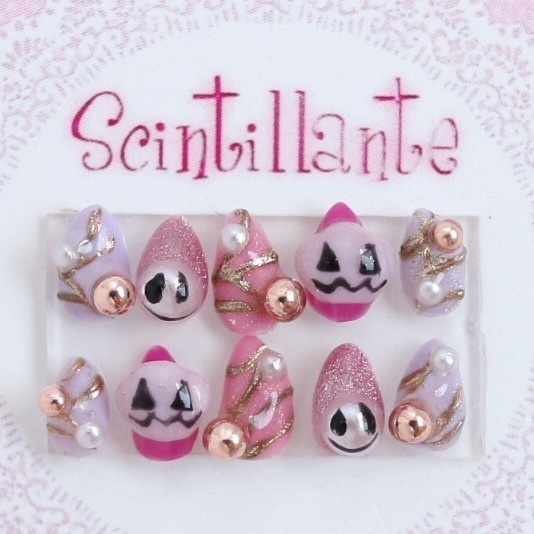 【Mサイズ】パステルピンク＆パープルの小粒パール付きハロウィンネイルチップ