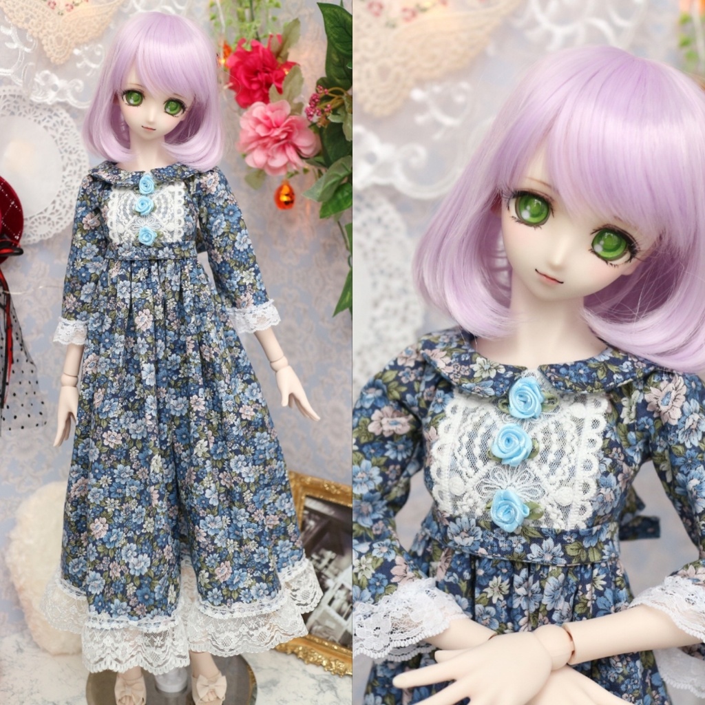 【DDサイズ】フェミニンネイビー小花柄の７分袖ワンピース（リボン付き）