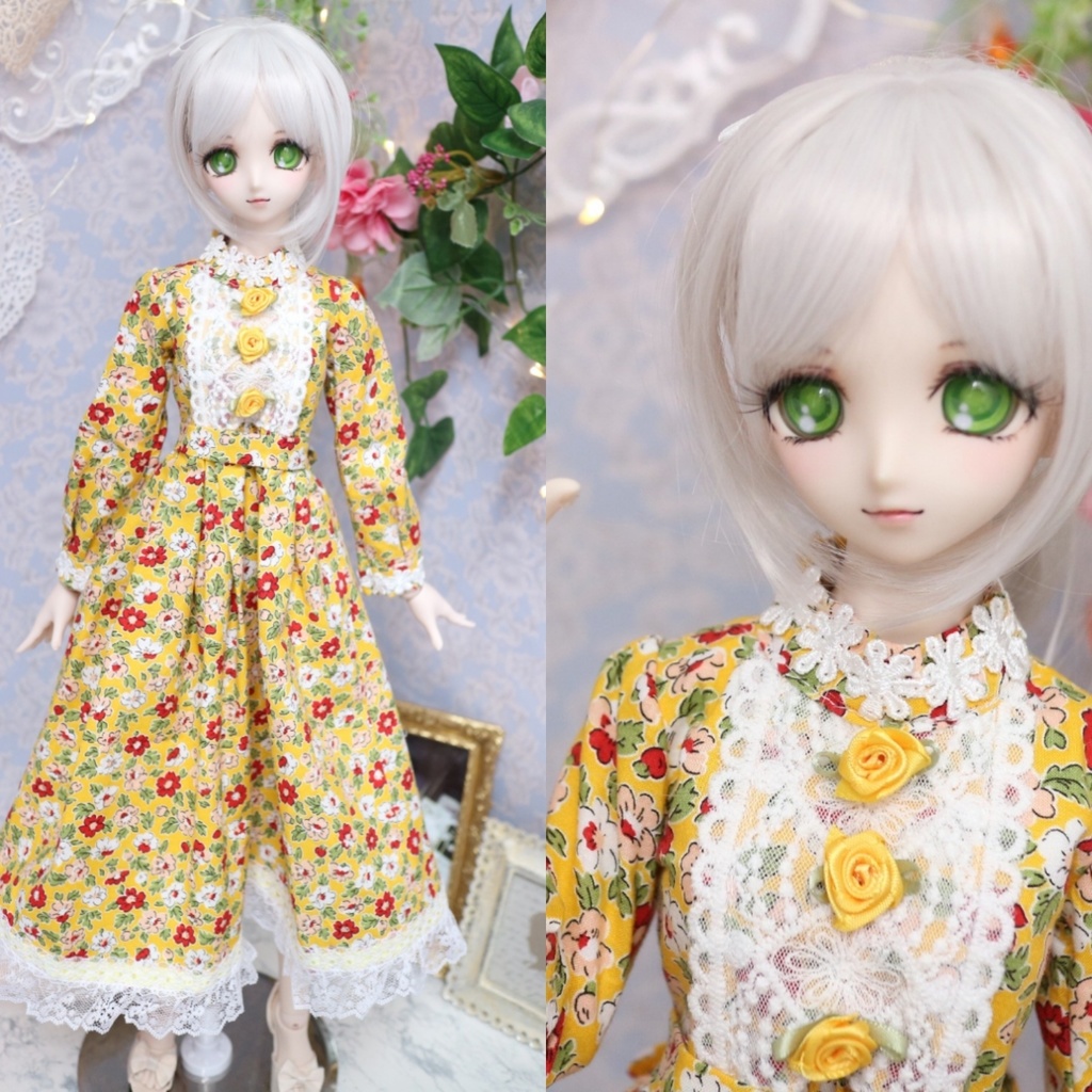 【DDサイズ】ガーリーイエローの小花柄マキシ丈ワンピース（リボン付き）