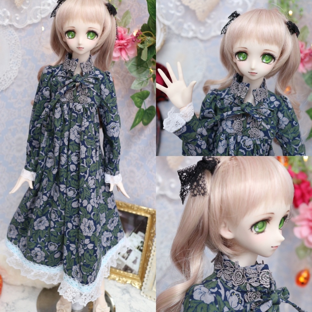 【DDサイズ】大人きれいめ藍色の胸元切り替えギャザーワンピース